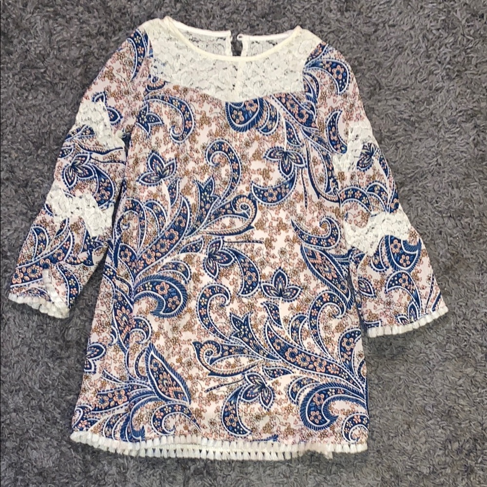 Rare Editions Blue and Tan Paisley Lace Dress